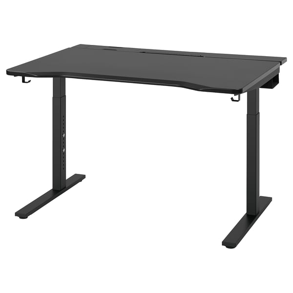Black UTMANING gaming desk, adjustable height, deep table top, sloping edge for comfort.