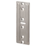 A UTRUSTA connection fitting for cabinet doors, silver, rectangular, with multiple round and slot mounts.