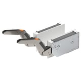UTRUSTA hinges, silver with black and orange accents, designed to create horizontal doors for drawers, featuring adjustable and removable components.