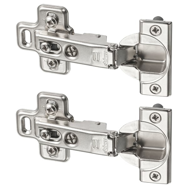 Two sets of nickel-plated steel kitchen cabinet hinges, shown in a mirrored position, displaying adjustability.