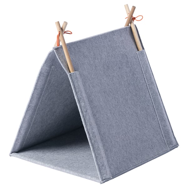 UTSÅDD gray felt cat tent with wood poles, cozy & portable.