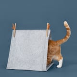 Gray felt cat tent with wooden rods, an orange cat exiting, offering relaxation space.