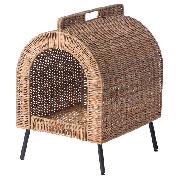 UTSÅDD wicker cat house, beige, arched entrance, black legs, handle top, handwoven rattan.