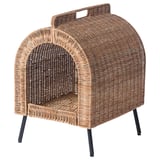 UTSÅDD wicker cat house, beige, arched entrance, black legs, handle top, handwoven rattan.