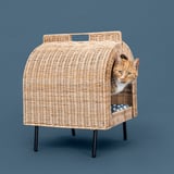 A wicker cat house with a cushion inside, elevated on four legs. A cat peeks out from the entrance.