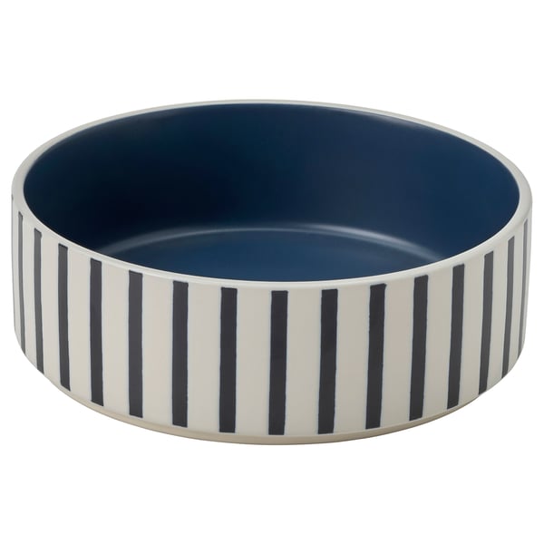 UTSÅDD blue striped pet bowl. Round with white and black stripes, made of stoneware. Perfect for cats or dogs.