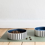 Two striped stoneware bowls on a green mat, one filled with pet food, showcasing their sturdy design and anti-slip functionality.
