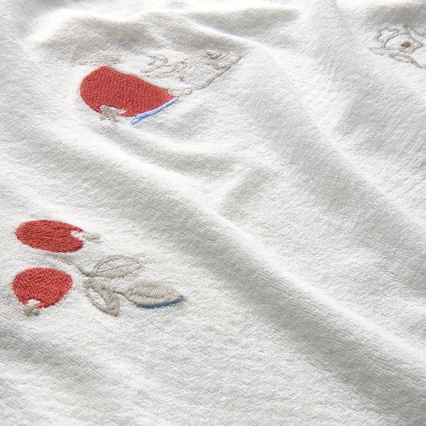 Embroidered baby blanket with soft red details on plush white terry fabric.