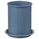 Blue cylindrical VÄLVÅRDAD container with vertical ribs on a matching saucer. Made of powder-coated galvanized steel and stainless steel.