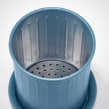 Blue galvanized steel drainer with perforated base and stainless tray.