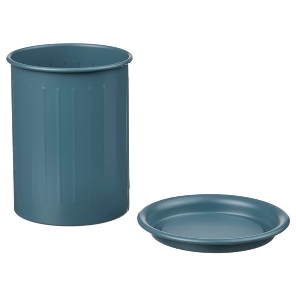 Blue galvanized steel dish drainer & stainless tray.