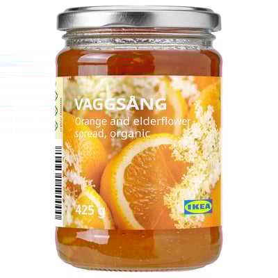 Jar of ikea VAGGSÅNG orange elderflower spread, organic, 425g. Ideal for toast and breakfast.