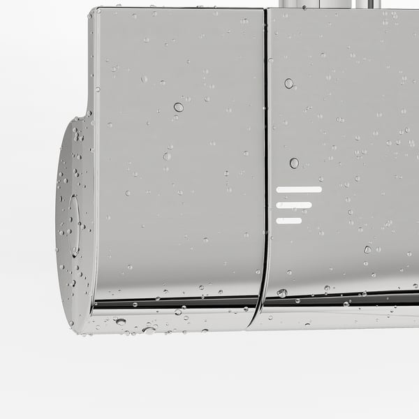 Chrome shower mixer with built-in shelf, safety stop button, and separate controls.