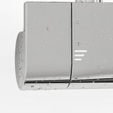 Chrome shower mixer with built-in shelf, safety stop button, and separate controls.
