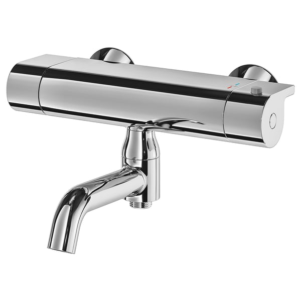 Displays a chrome-plated, modern shower faucet with a cylindrical body and a curved spout, designed for both shower and bath use.