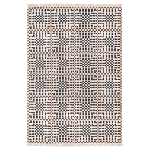 VAMDRUP: brown & white checkered wool rug, rectangular, hand-crafted with cotton & wool, traditional scandinavian pattern