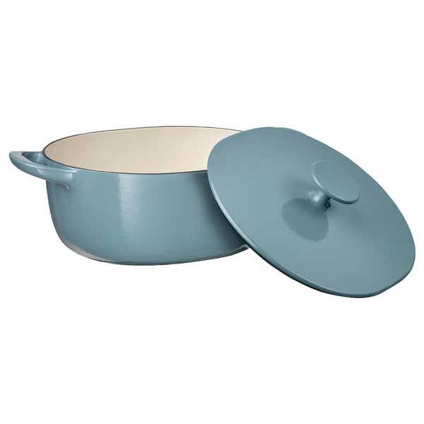 VARDAGEN blue enamelled cast iron pan, round with two side handles and a lid, ideal for slow cooking.