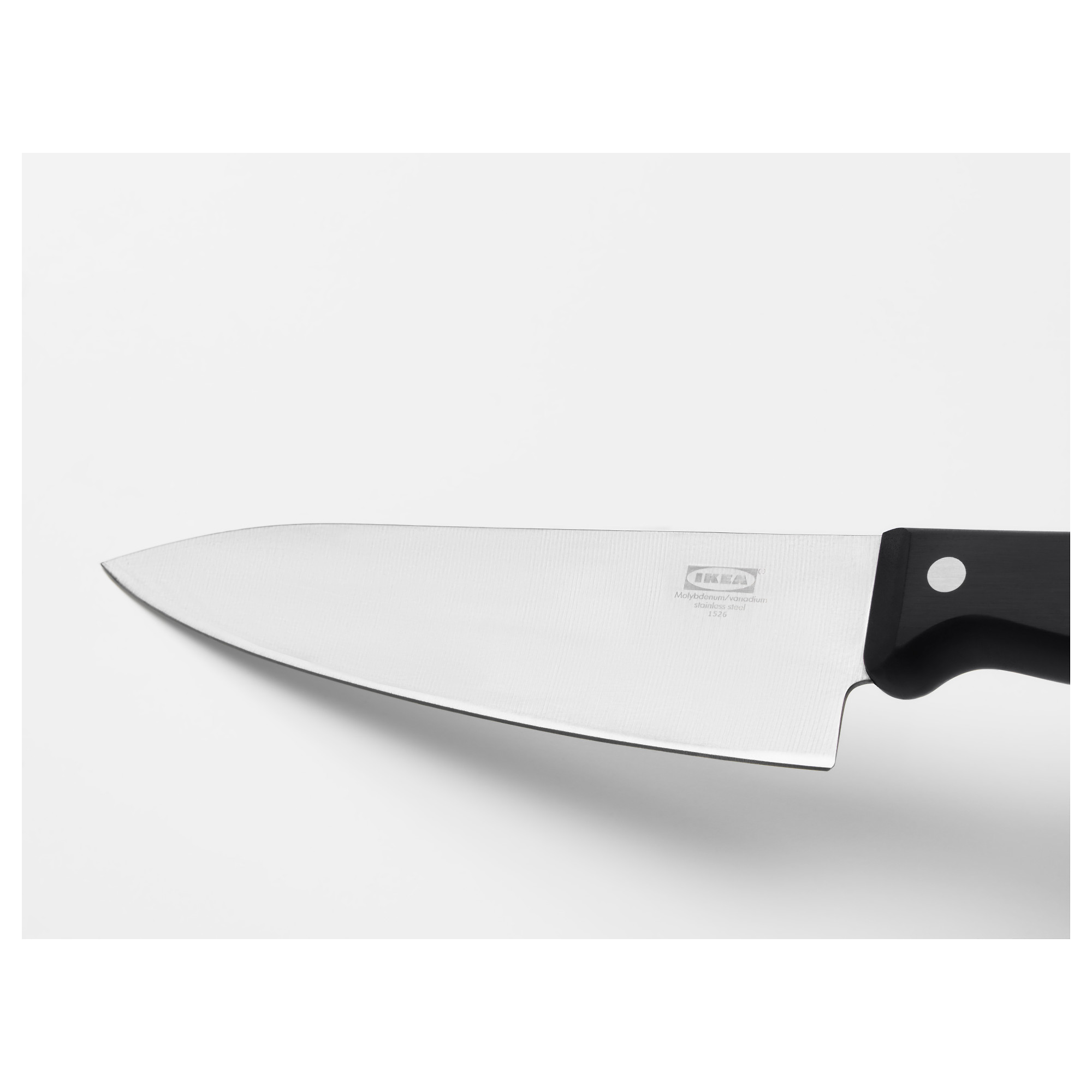 Single sharp stainless steel chefs knife with black plastic handle, designed for durability and balance.