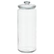 Option: Clear glass storage jar, cylindrical shape, with lid, no contents, someone might store cookies or other items inside.