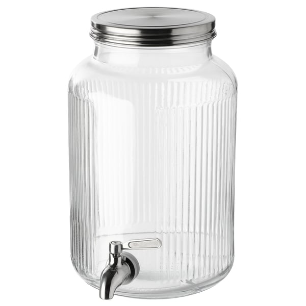 Clear glass VARDAGEN beverage dispenser with metallic tap and lid.