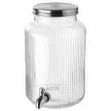 Clear glass VARDAGEN beverage dispenser with metallic tap and lid.