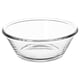 Clear glass bowl, simple design, round shape. Perfect for serving food and drinks.