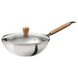 A VARDAGEN wok with a wooden handle and a glass lid. The wok is silver with a round design and a flat bottom.
