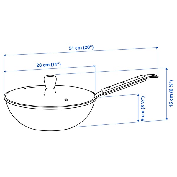 VARDAGEN Wok with lid, glass/carbon steel beech, 28 cm