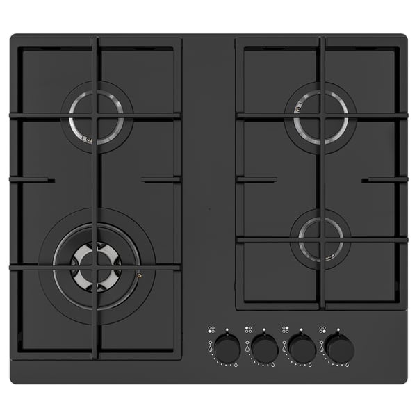 Black gas cooktop with 4 burners, cast iron supports, electronic ignition, front controls, smooth glass surface.
