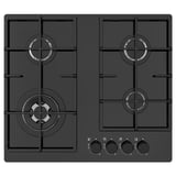 Black gas cooktop with 4 burners, cast iron supports, electronic ignition, front controls, smooth glass surface.