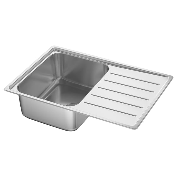 The VATTUDALEN stainless steel kitchen sink a reversible drainboard, sloped for water flow, with a sleek, modern design.