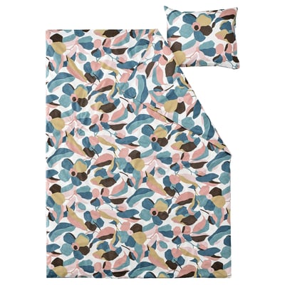 Vibrant leaf-patterned duvet set, multi-color, cotton-lyocell blend, rectangular with pillow.