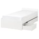 White vihalps bed frame with two open storage drawers.