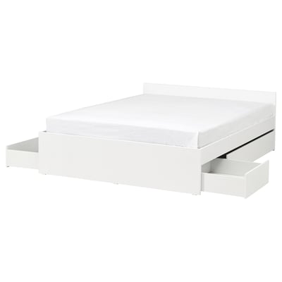 White VIHALS bed with 2 pull-out storage boxes, sleek design, slatted base, great for compact spaces.