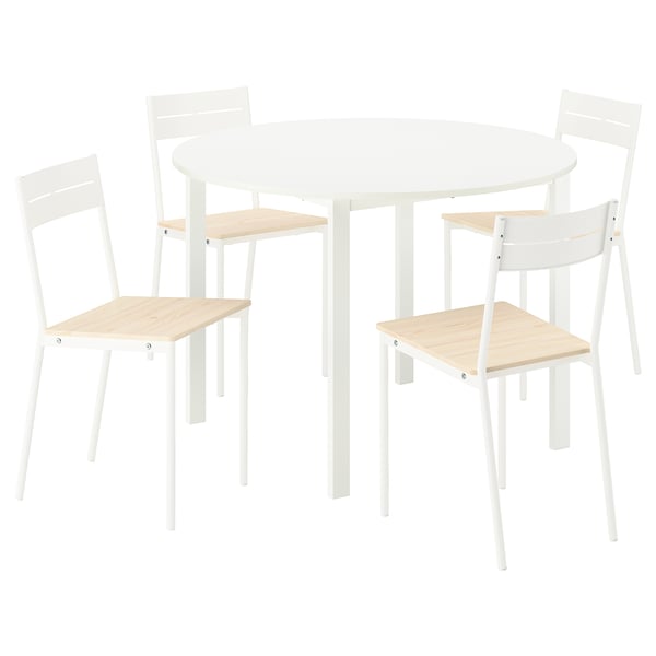White round dining table with four matching chairs. Modern, minimalist design with metal frames and wooden seats.