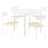 White round dining table with four matching chairs. Modern, minimalist design with metal frames and wooden seats.