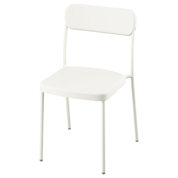 VIHALS white chair, sleek design, stackable, steel, plastic; ergonomic shape.