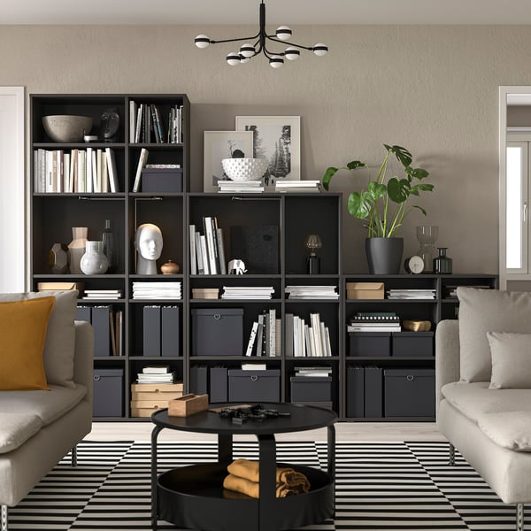 Black storage unit with shelves holds books, decor, and electronics between two sofas in a modern living room.