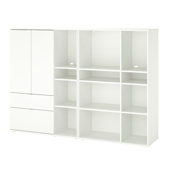 White VIHALS modular storage in l-shape with shelves and drawers for organized home use.