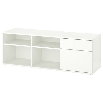 A white VIHALS tv bench with two drawers. It has open shelves and a sleek, modern design. Ideal for storage and media setup.