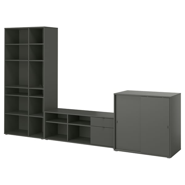 Dark gray VIHALS storage set: bookcase, tv stand, cabinet with sliding doors - modern wood & acrylic design
