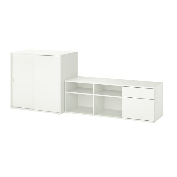 White VIHALS storage set, modern minimalist design. Includes cabinet with sliding doors and open tv unit.