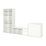 A white VIHALS storage set, including a tall shelf, a wide tv bench, and a cabinet with sliding doors, ideal for organizing living spaces.