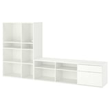 Modern white modular storage set with shelves and drawers.