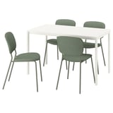 A white VIHALS dining table with four green chairs.