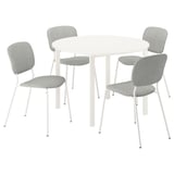 A white VIHALS round dining table with four light grey cushioned chairs arranged around it, ideal for socializing.