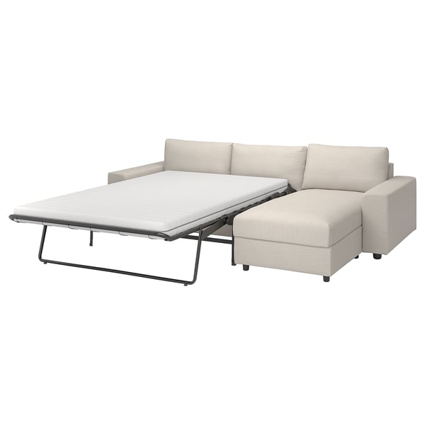 Modern VIMLE sofa-bed in beige, with pull-out mattress, metal legs, and reversible chaise section.