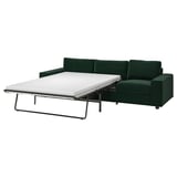 This image shows a dark green VIMLE sofa-bed, modern design, convertible for extra sleeping space, with a thick mattress.