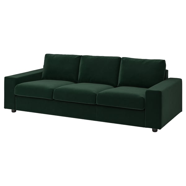 Dark green VIMLE sofa, modern minimalist design, comfy cushions, three-seater.