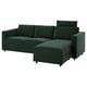 Dark green VIMLE sectional sofa with chaise and headrest.